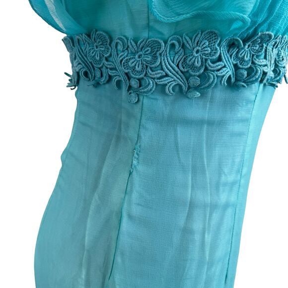 Vintage 1960s turquoise formal dress with floral trim and flutter sleeves. AS IS - Picture 8 of 14